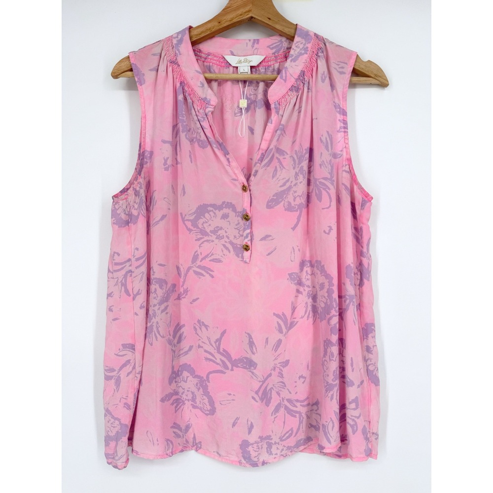 Lilly Pulitzer Pink Floral Sleeveless Elsa Silk Top Sz L